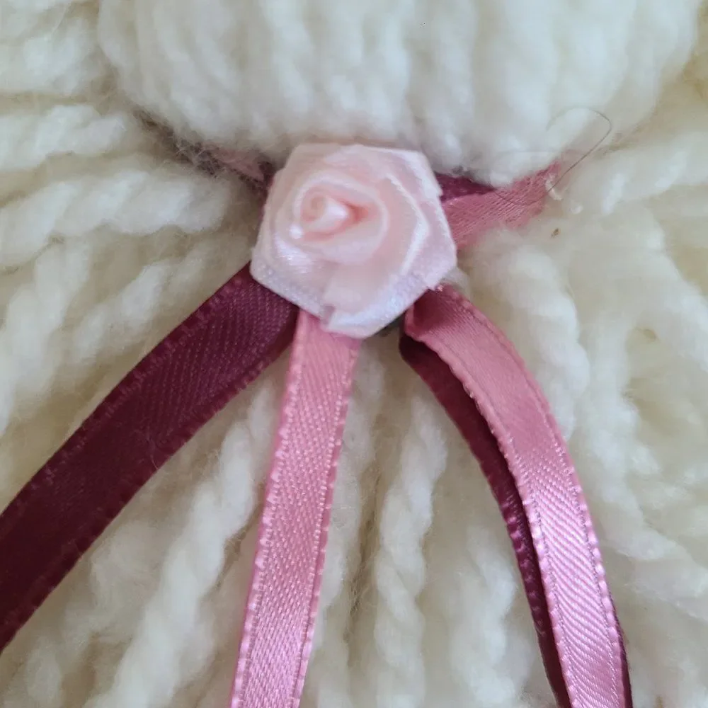Vintage Five Yarn Mop Dolls Thimble Wood Bead Satin Ribbon Tulle Accent Handmade